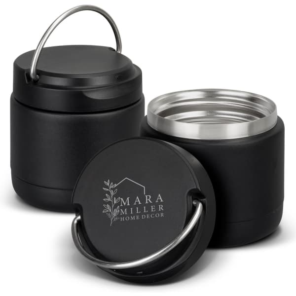 A drink bottle set in matte black with a metal handle and a stainless steel interior. Includes a branded logo.