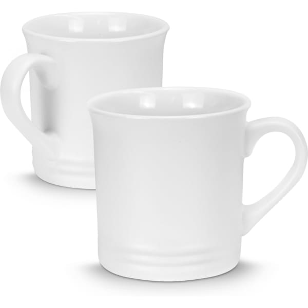 Two white ceramic coffee mugs with rounded edges and handles, featuring a smooth finish and a simple design.