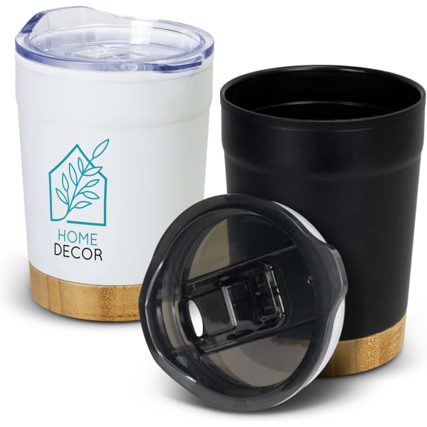 A double wall cup in white and black, featuring a bamboo base and a transparent lid, with a logo.