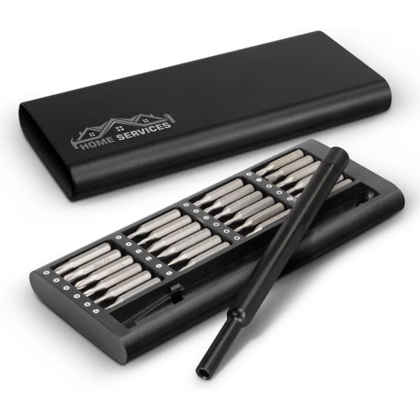 A black screwdriver set with multiple bits and a storage case, featuring a logo on the top.