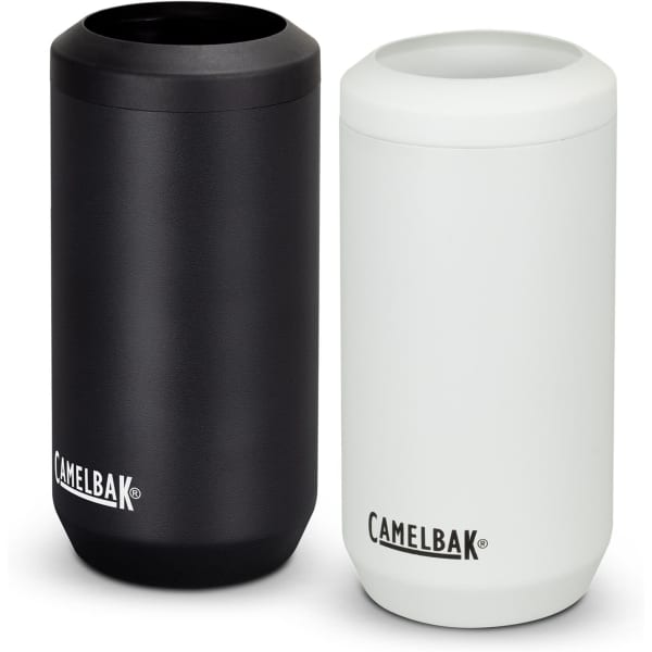 A drink bottle cooler set featuring a black and a white mug, each with a logo. Holds 500ml.