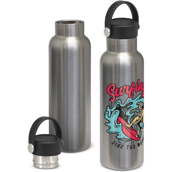 A drink bottle made of stainless steel, featuring a black carry lid and a vibrant graphic design.
