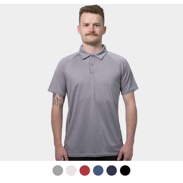A man wears a grey polo shirt with a logo; available in multiple colours including navy and red.
