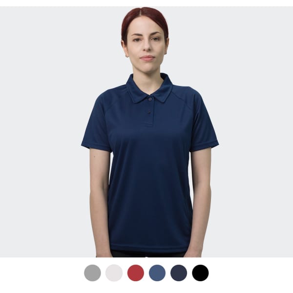 A woman wearing a navy blue polo shirt with a collar. The image includes a selection of additional colours below.