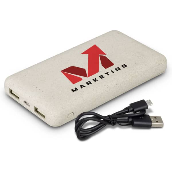 A light beige power bank with dual USB ports and a charging cable. It features a logo on one side.