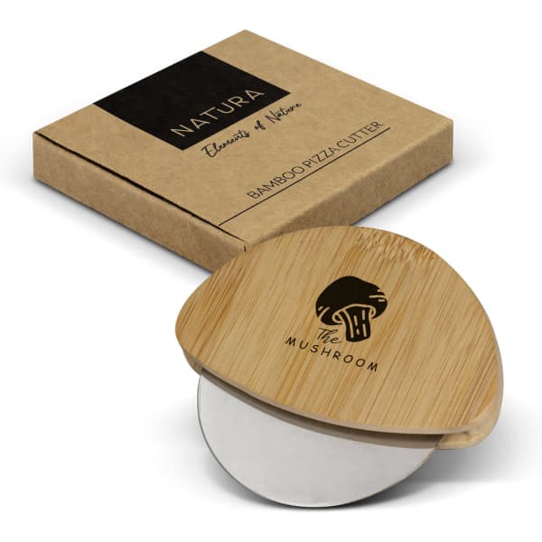 A bamboo pizza cutter with a rounded wooden handle and a silver cutting wheel, presented in a kraft box.