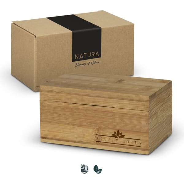 A bamboo tea box with a natural finish, accompanied by a kraft paper box featuring branding.