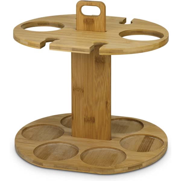 A bamboo wine rack with a circular design, featuring six circular bottle holders and a handle on top.