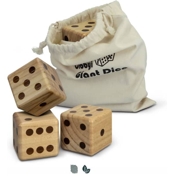 Wooden yard dice in a cream drawstring bag, featuring three natural wood dice with dark spots.