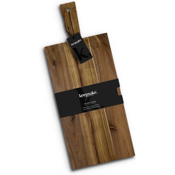 A wooden grazing board with a handle and a tag, featuring a rich, natural grain pattern.