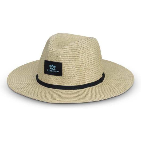 A wide-brimmed hat in beige with a black band and logo, featuring a textured weave.