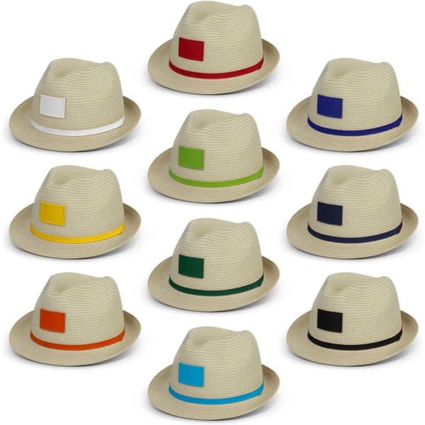 A collection of ten beige fedora hats with various colourful bands in red, green, blue, yellow, orange, and black.