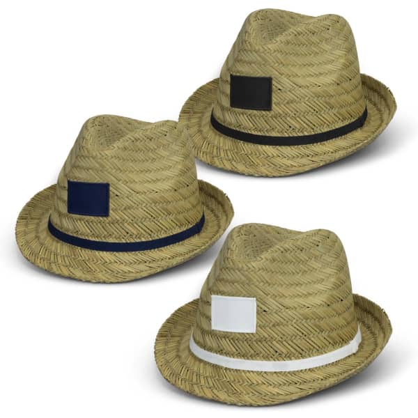 A set of three straw fedoras in natural, navy blue, and white bands. Each hat has a square patch area.