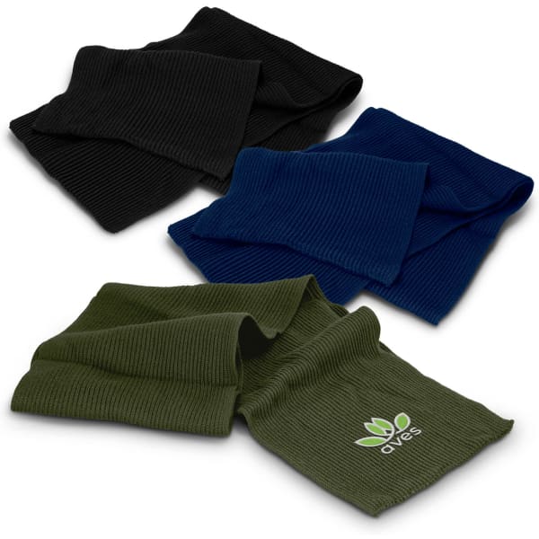 A collection of Denali Scarves in black, navy blue, and green, featuring a logo on the green scarf.