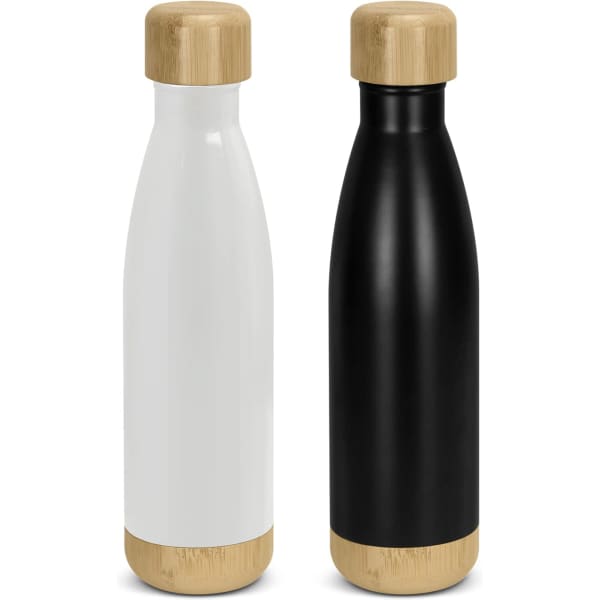 A drink bottle set featuring a white and a black vacuum bottle with bamboo accents. Each bottle has a classic shape and a logo.