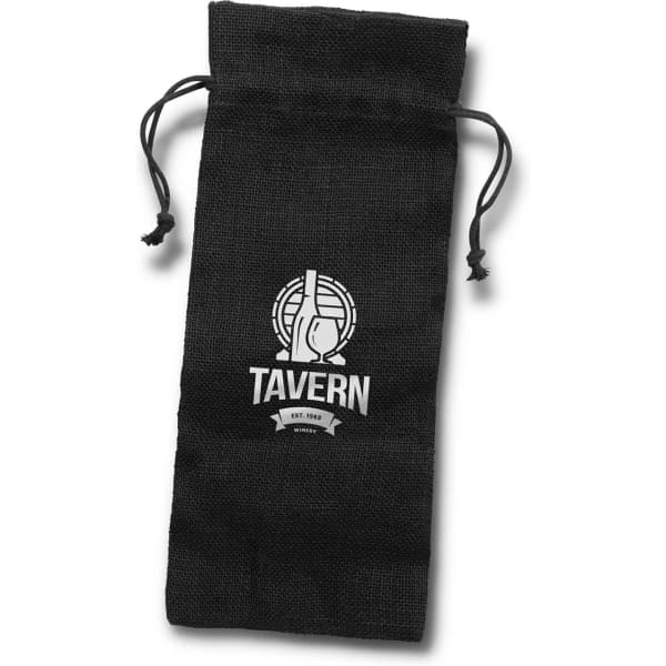 A jute drawstring bag in black, featuring a logo on the front and a cinch closure at the top.
