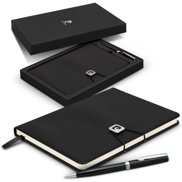 A black notebook with a clasp and a matching pen, presented in a sleek gift box.