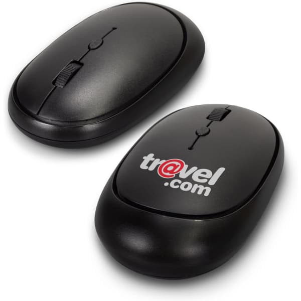 A black wireless travel mouse with a scroll wheel and logo on the top surface.