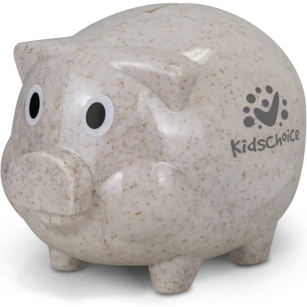 A piggy bank in a speckled natural colour with large eyes and a logo on the side.