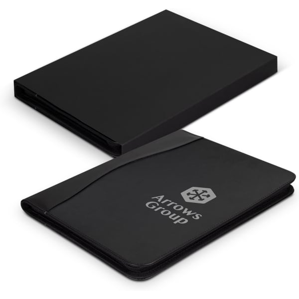 A black leather portfolio with a zip closure and an embossed logo, presented in a matching black box.
