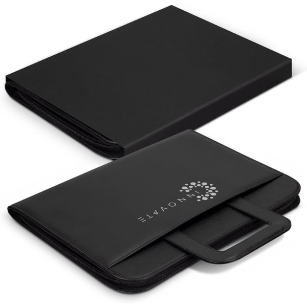 A black portfolio case with a handle, featuring a logo on the front and a sleek zippered design.