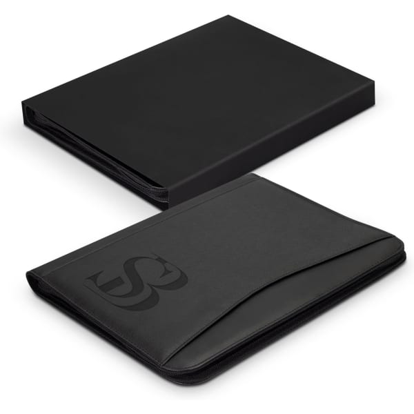 A black Carrington Portfolio featuring a sleek design with a logo and a zipped compartment.