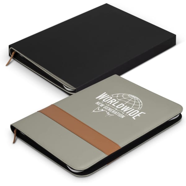 A grey portfolio with a brown strap and black interior, featuring a logo on the front.