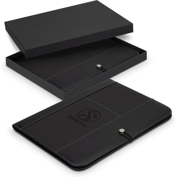 A black portfolio with a logo, presented in a black box. The portfolio features a snap closure and stitching details.