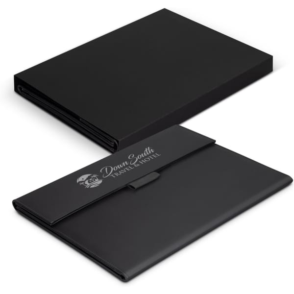 A black portfolio with a flap closure and an embossed logo design, neatly presented in a matching box.