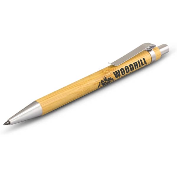 A bamboo inkless pen with a metal tip and clip, featuring a logo on the barrel.