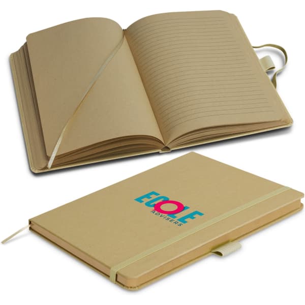 A Kraft notebook featuring lined pages and an elastic band closure. The cover displays a colourful logo.