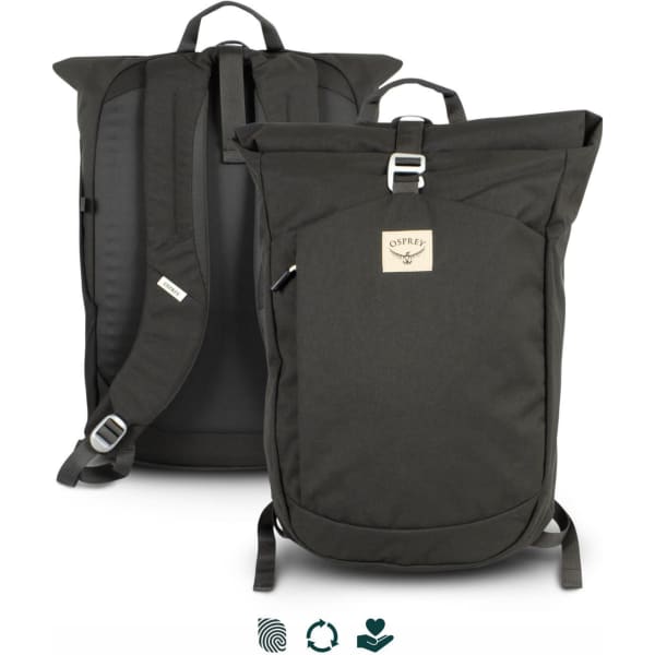 A dark green roll top backpack with padded straps and a logo. It features a sleek design and multiple compartments.