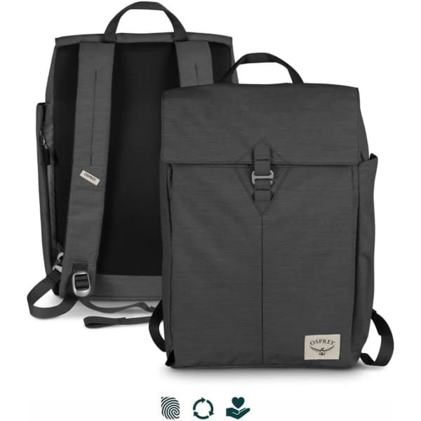 A grey Osprey Arcane Flap Backpack with adjustable straps and a top flap closure. Features a logo on the front.