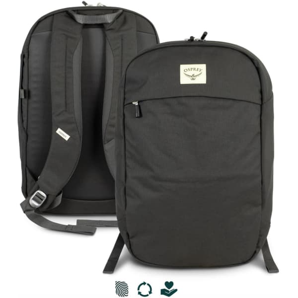 A black Osprey Arcane Large Day Backpack featuring padded shoulder straps and a simple design. It has a logo on the front.