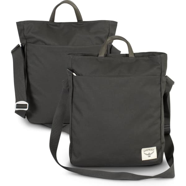 A green Osprey Arcane Crossbody Bag with a handle and adjustable strap, featuring a front pocket and branding.