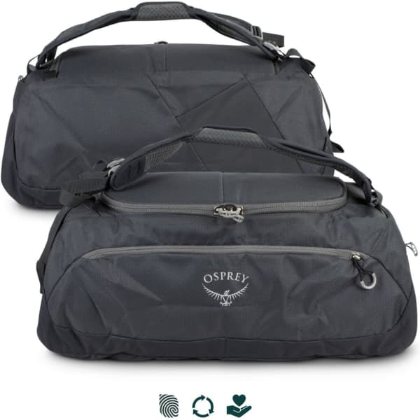A black Osprey Daylite duffle bag, featuring multiple compartments and an adjustable shoulder strap, with a logo visible.