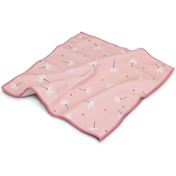 A pink tablet cover featuring a floral pattern with white flowers and black accents, bordered in pink.