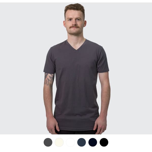 A men's V-neck T-shirt in dark grey, featuring a slim fit and a logo on the sleeve. Available in multiple colours.