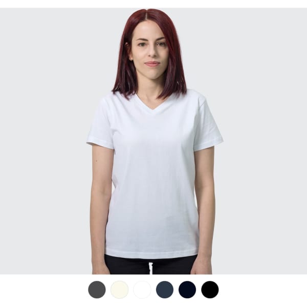 A white women's t-shirt with a v-neck design, featuring a logo and available in multiple colours.