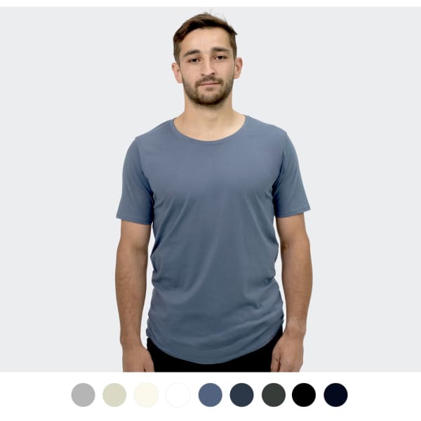 A man models a blue TRENDSWEAR Carmen Men's T-Shirt. Various colour options are displayed below.