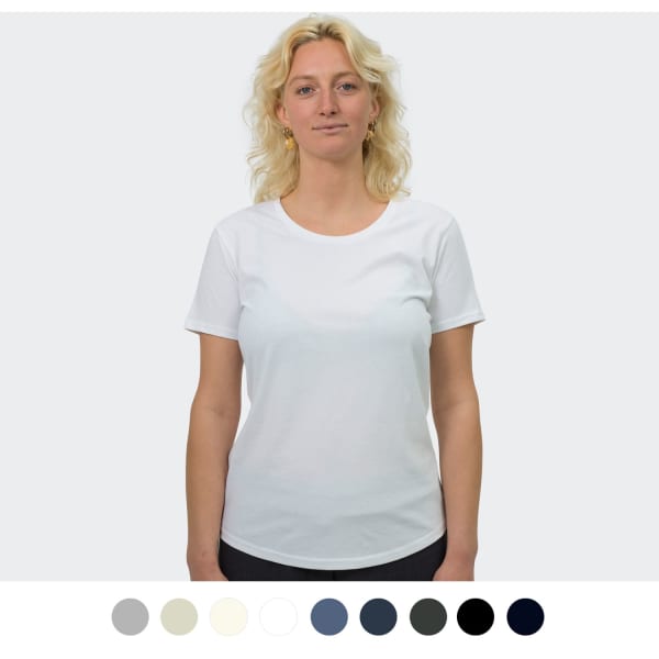 A white women's T-shirt displayed on a model, featuring a round neckline and short sleeves. Includes a logo.