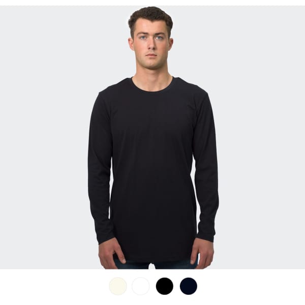 A model wearing a black long sleeve crew shirt, featuring a simple design and a logo. Available in multiple colours.
