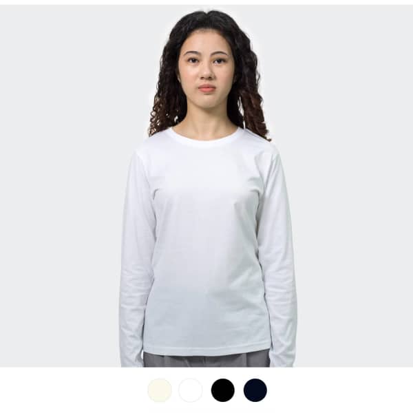 A white long sleeve crew shirt with a soft fabric, featuring a logo.