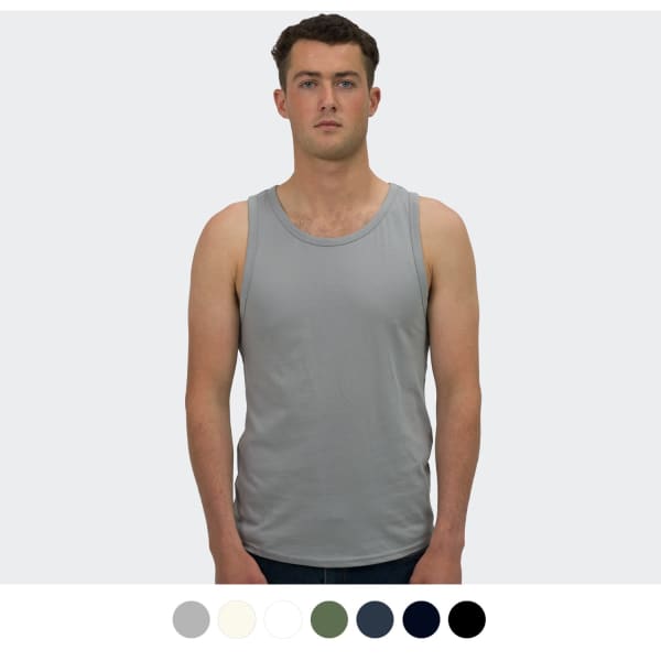 A grey men's tank top displayed on a model, featuring a round neck and a logo. Available in multiple colours.