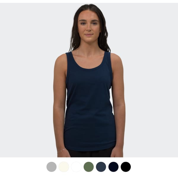 A woman models a navy blue tank top. The product features a logo and is available in multiple colours.