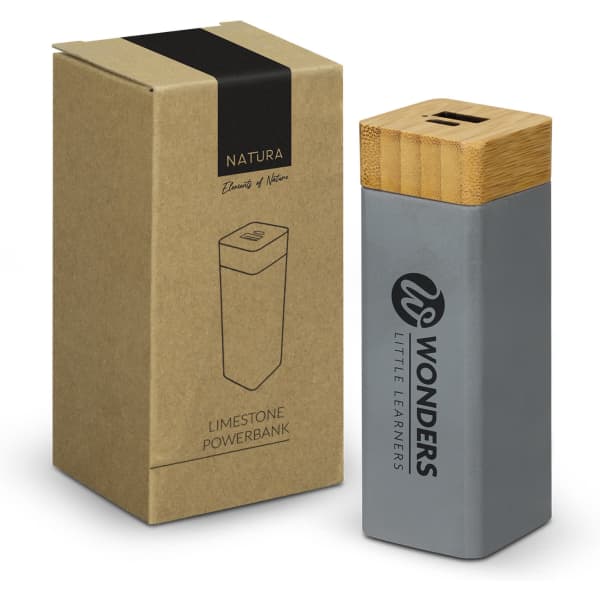 A light grey power bank with a bamboo top, displayed next to its cardboard packaging, featuring a logo.