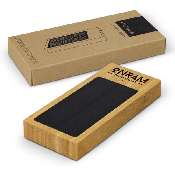 A bamboo solar power bank in a cardboard box, featuring a black solar panel surface and branding on the front.