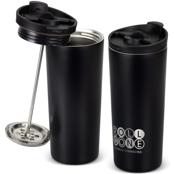 A drink bottle in matte black featuring a removable press mechanism and a branded logo.