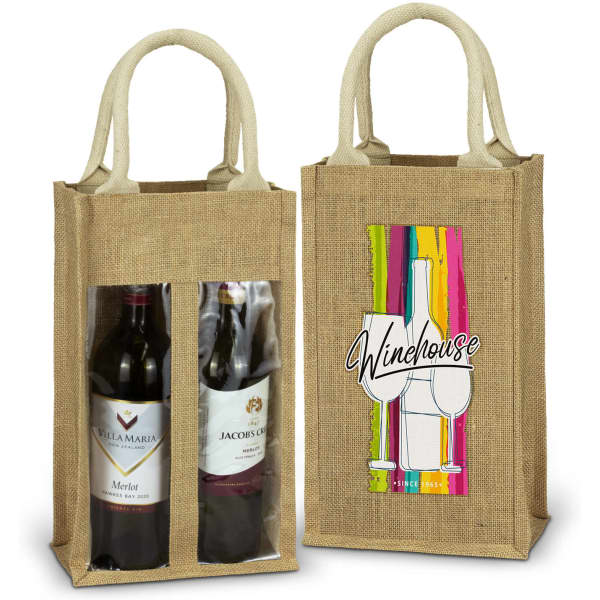 A jute wine carrier in natural colour, featuring two compartments and a colourful design on one side.