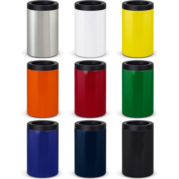 A collection of ten drink coolers in various colours: silver, white, yellow, orange, red, green, blue, and black, all with black tops.